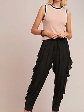 Anthro Greylin Edie Sachi Ruffle Jogger Pants Black High Rise Draped XS Rare